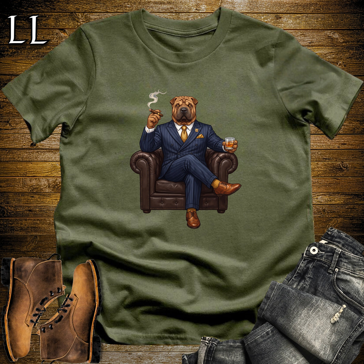 Cigar Lounge Chinese Shar Pei T-Shirt Military Green | Dog Cigar Gift