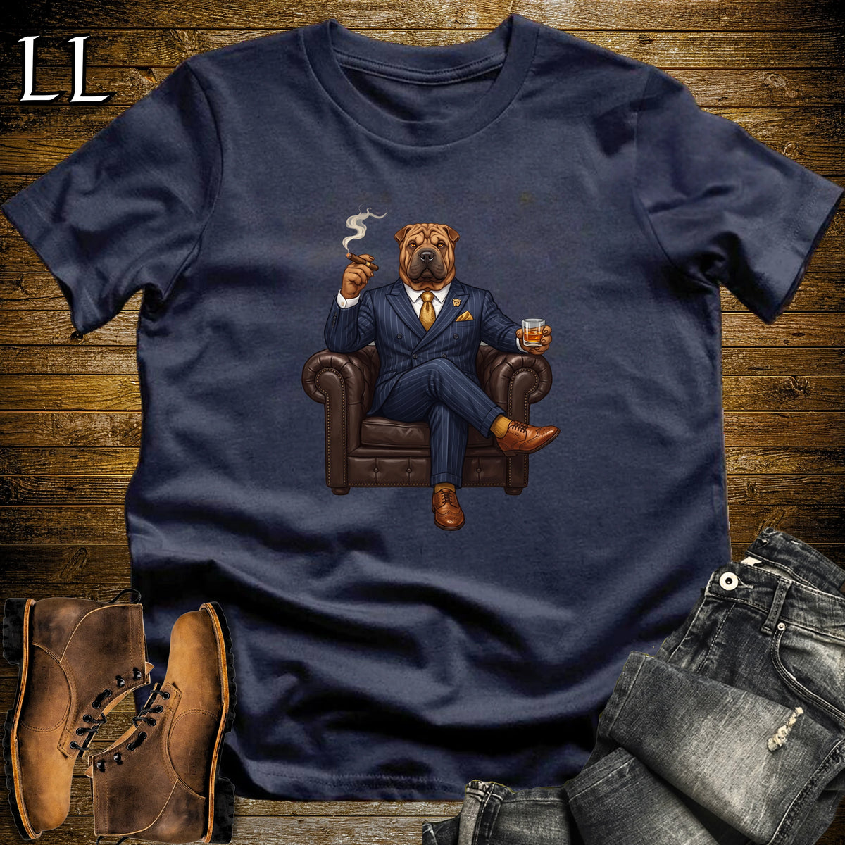 Cigar Lounge Chinese Shar Pei T-Shirt Navy | Dog Cigar Gift