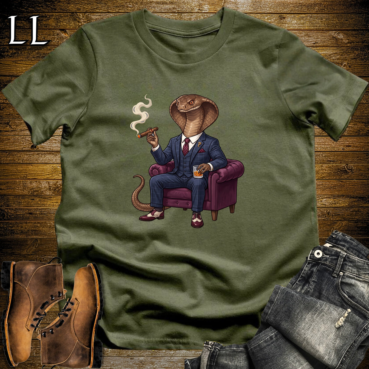 Cigar Lounge Cobra T-Shirt Military Green | Reptile Cigar Gift