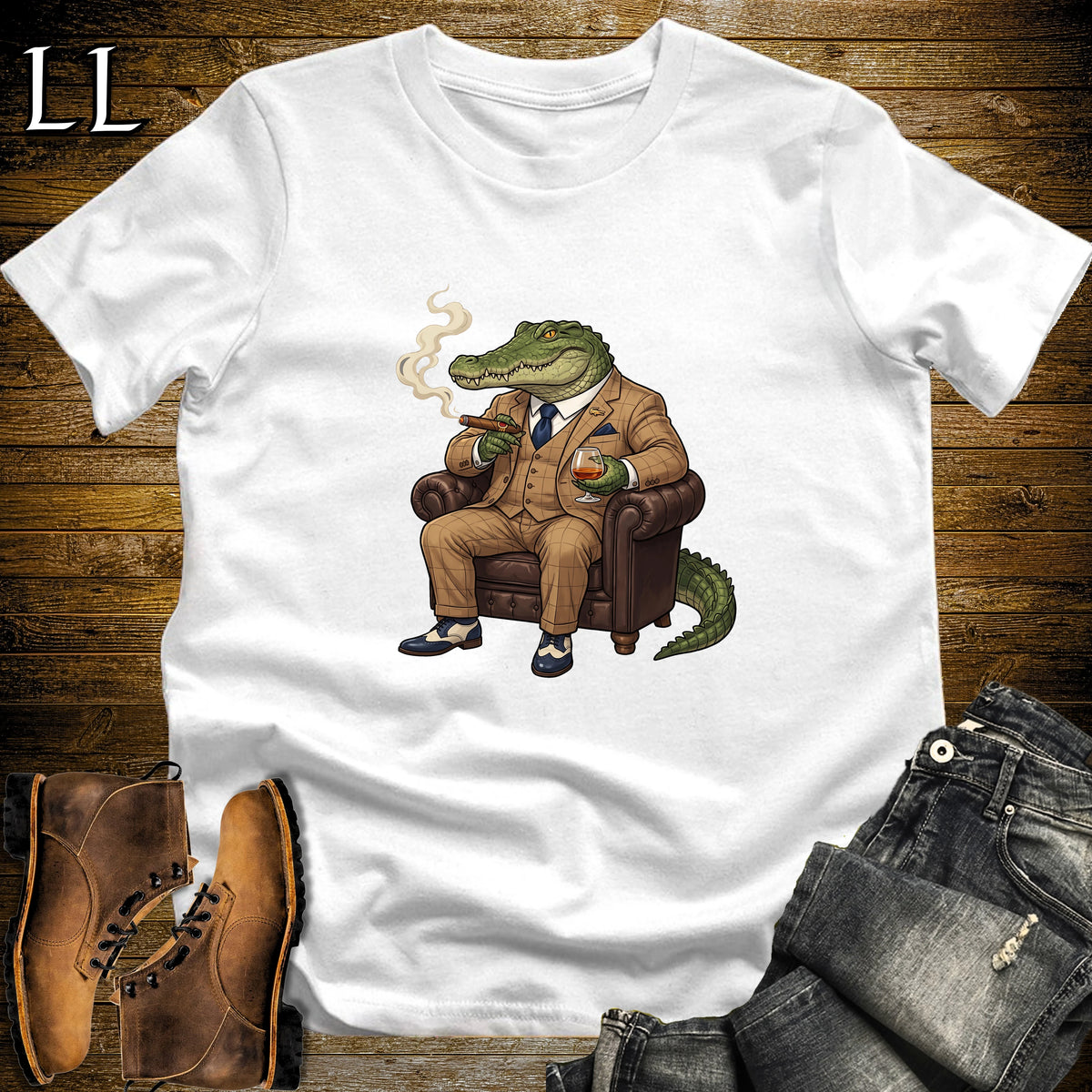 Cigar Lounge Crocodile T-Shirt White | Reptile Cigar Gift