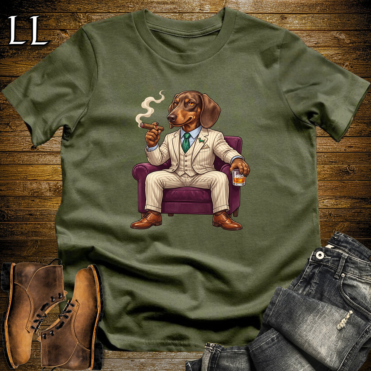Cigar Lounge Dachshund T-Shirt Military Green | Dog Lover Cigar Gift