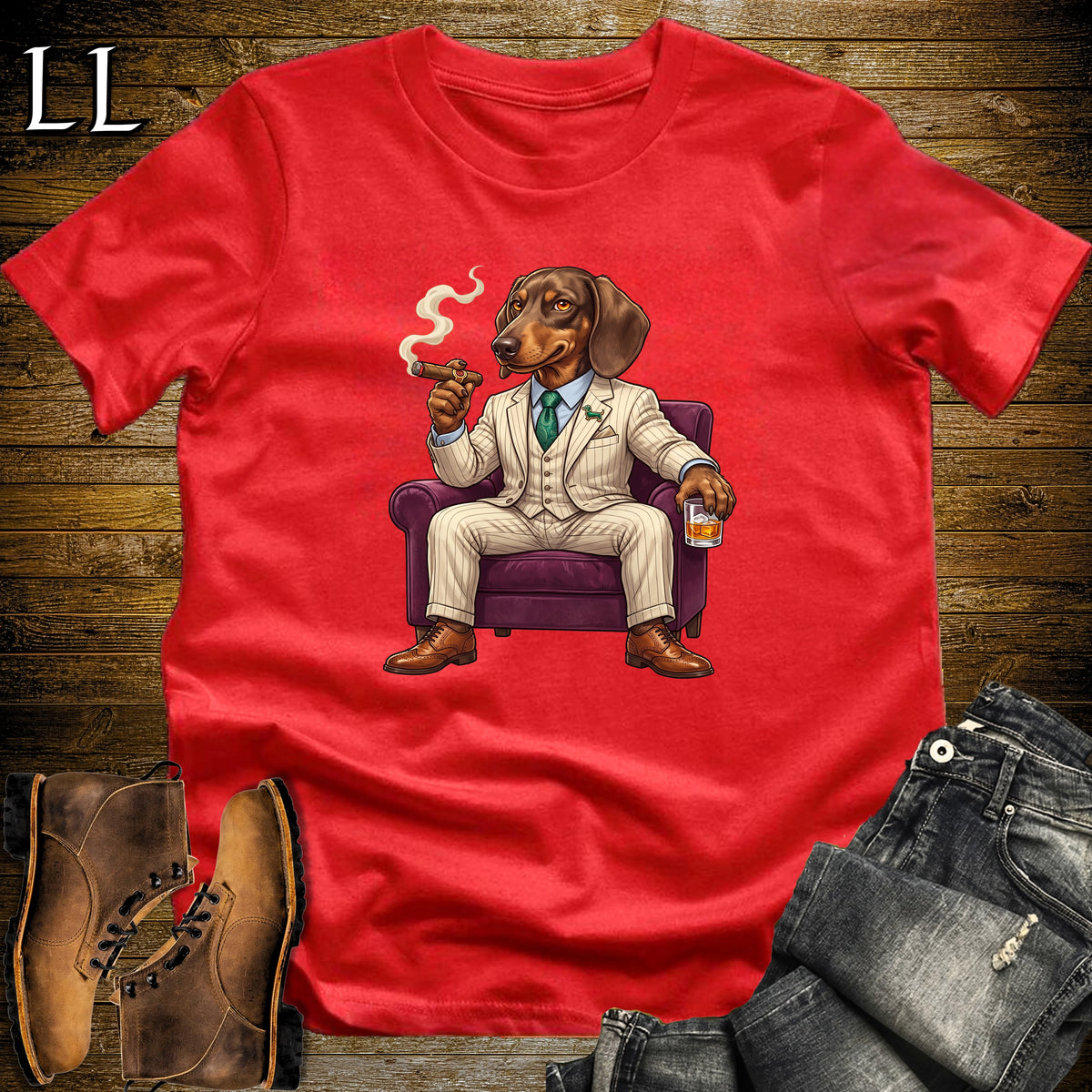 Cigar Lounge Dachshund T-Shirt Red | Dog Lover Cigar Gift