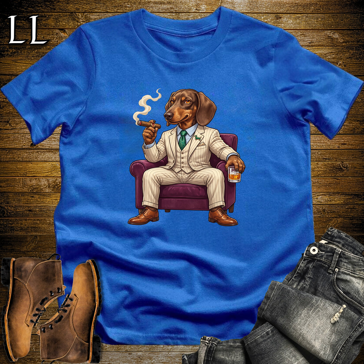 Cigar Lounge Dachshund T-Shirt Royal Blue | Dog Lover Cigar Gift