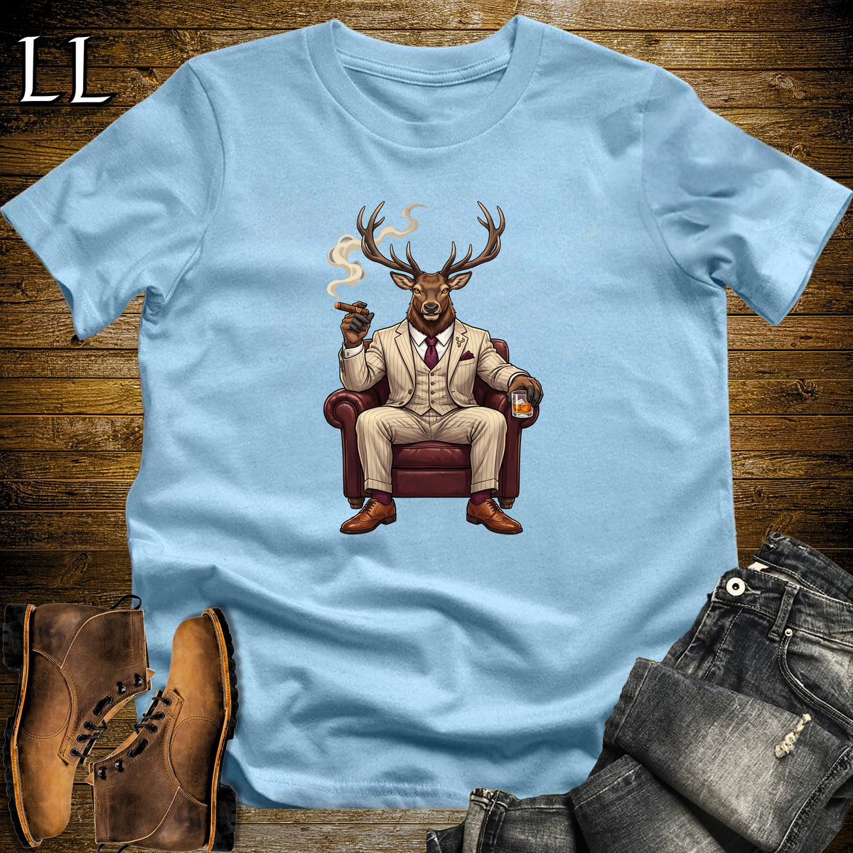 Cigar Lounge Elk T-Shirt Light Blue | Animal Cigar Gift