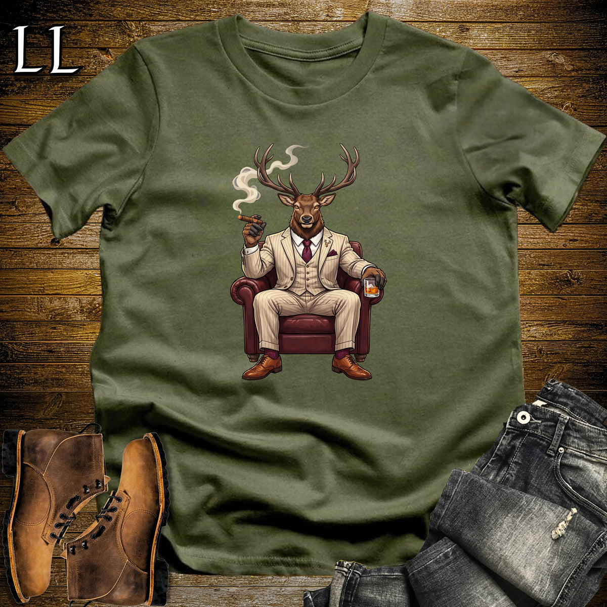 Cigar Lounge Elk T-Shirt Military Green | Animal Cigar Gift