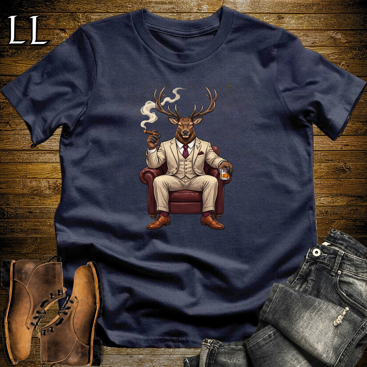 Cigar Lounge Elk T-Shirt Navy | Animal Cigar Gift