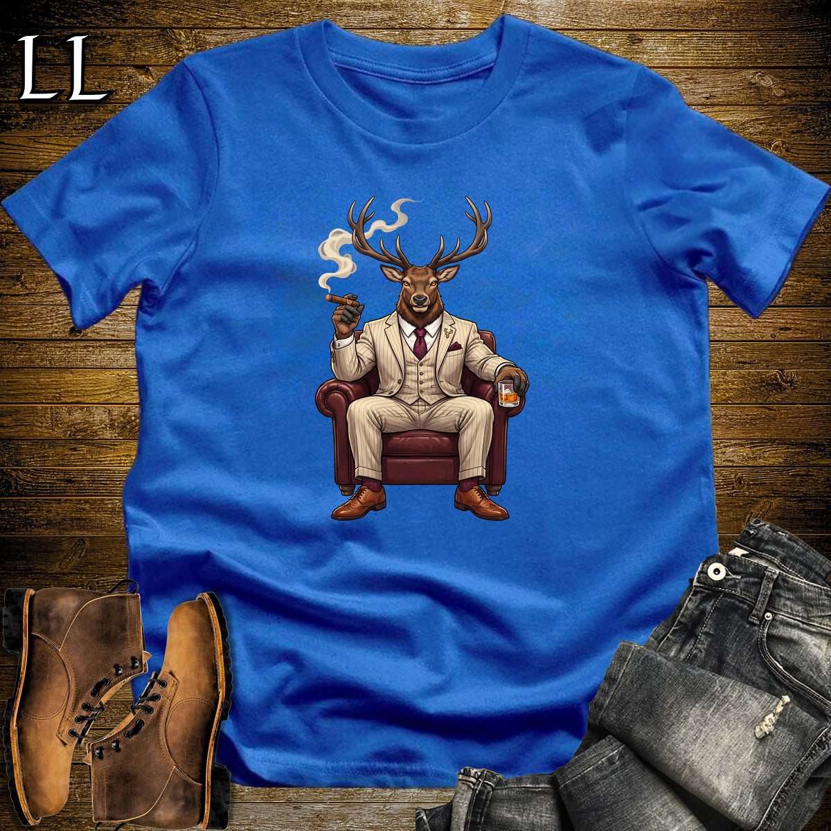 Cigar Lounge Elk T-Shirt Royal Blue | Animal Cigar Gift