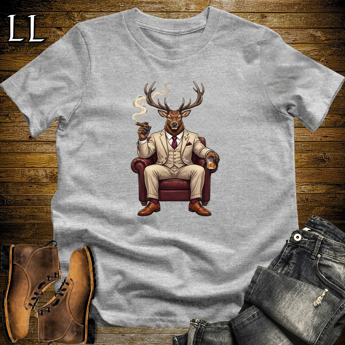 Cigar Lounge Elk T-Shirt Sport Grey | Animal Cigar Gift