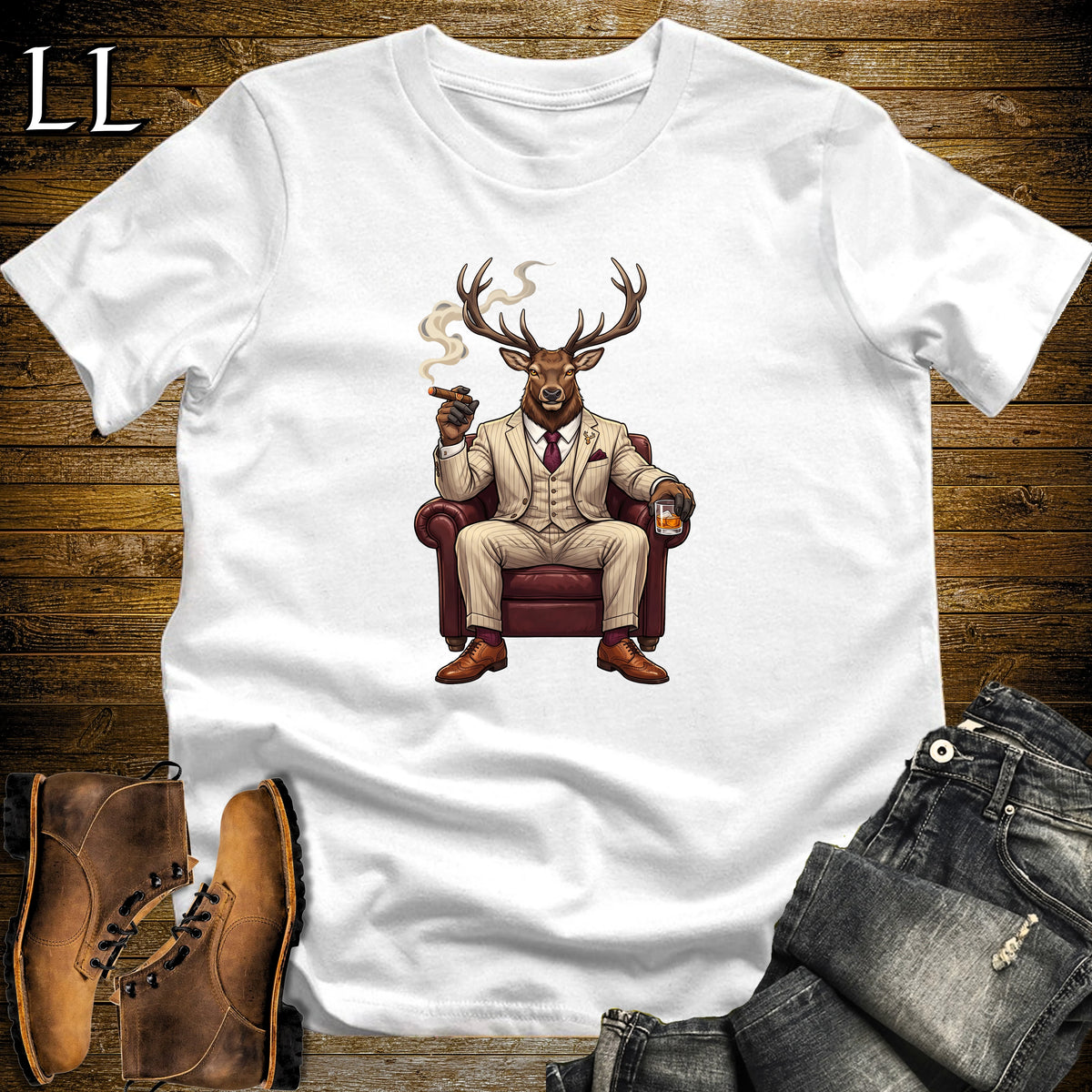 Cigar Lounge Elk T-Shirt White | Animal Cigar Gift