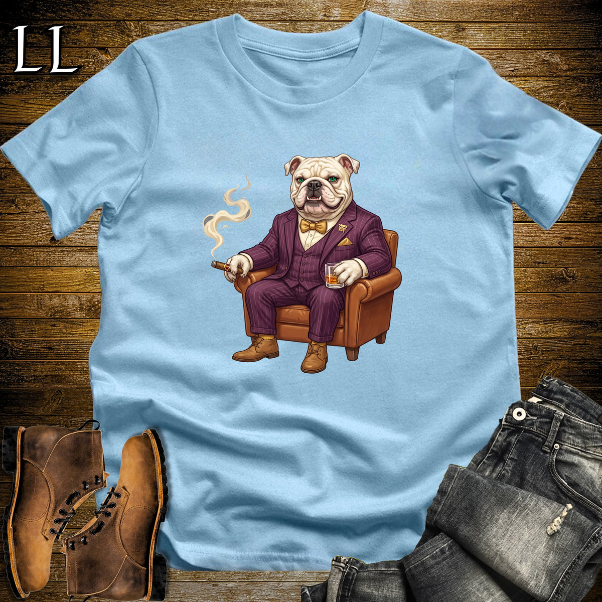 Cigar Lounge English Bulldog T-Shirt Light Blue | Dog Cigar Gift
