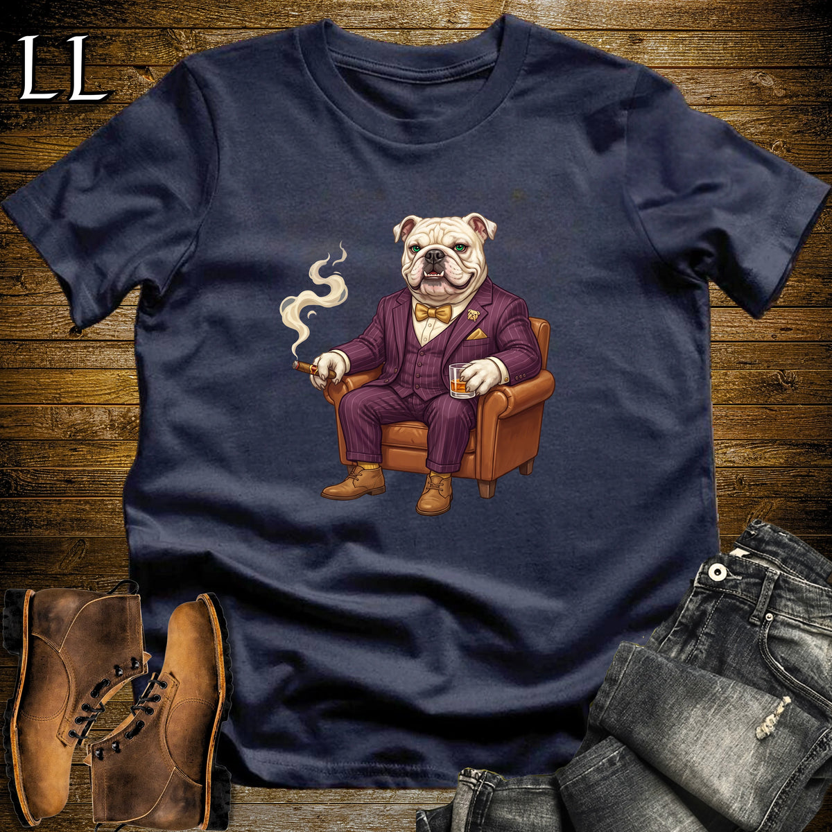 Cigar Lounge English Bulldog T-Shirt Navy | Dog Cigar Gift