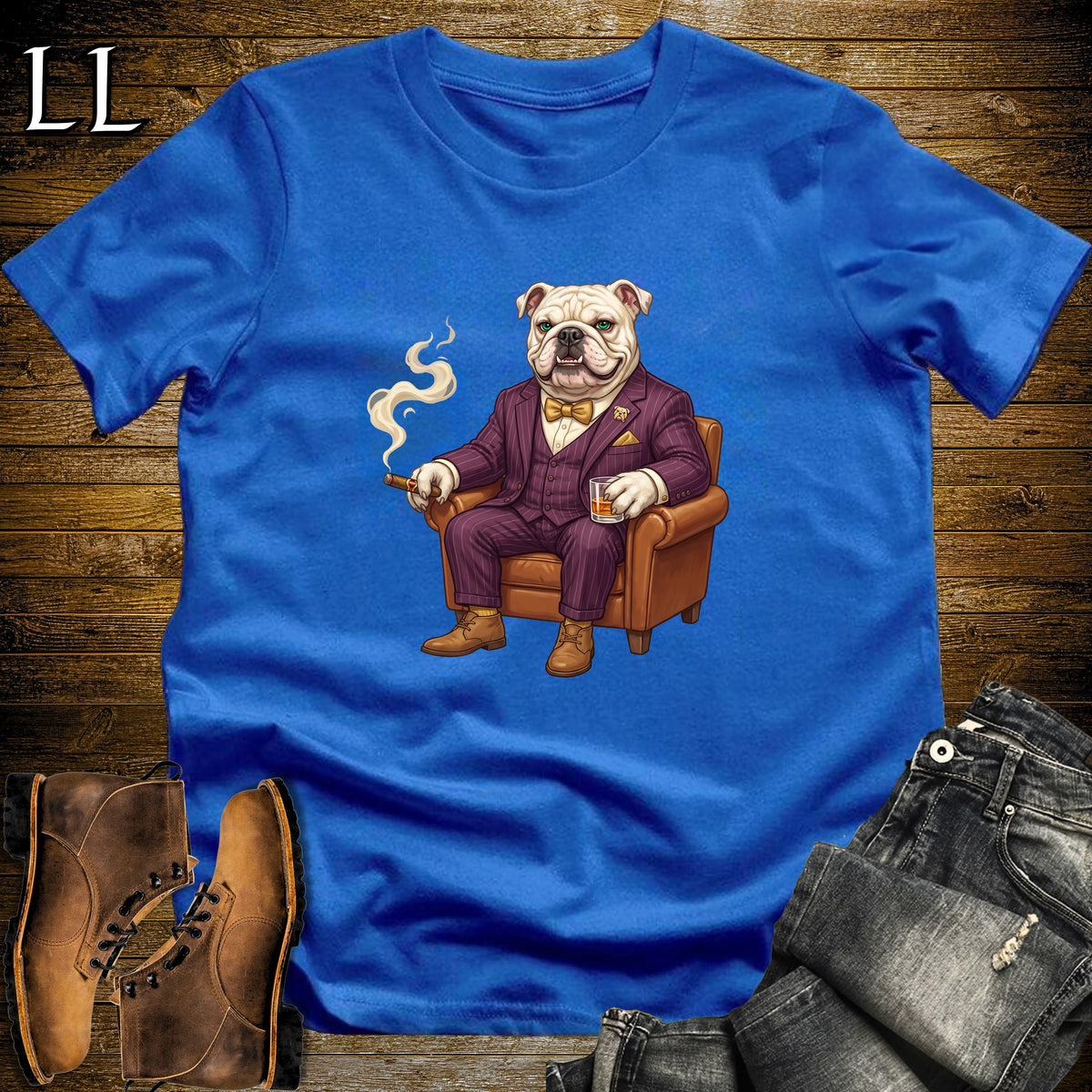 Cigar Lounge English Bulldog T-Shirt Royal Blue | Dog Cigar Gift
