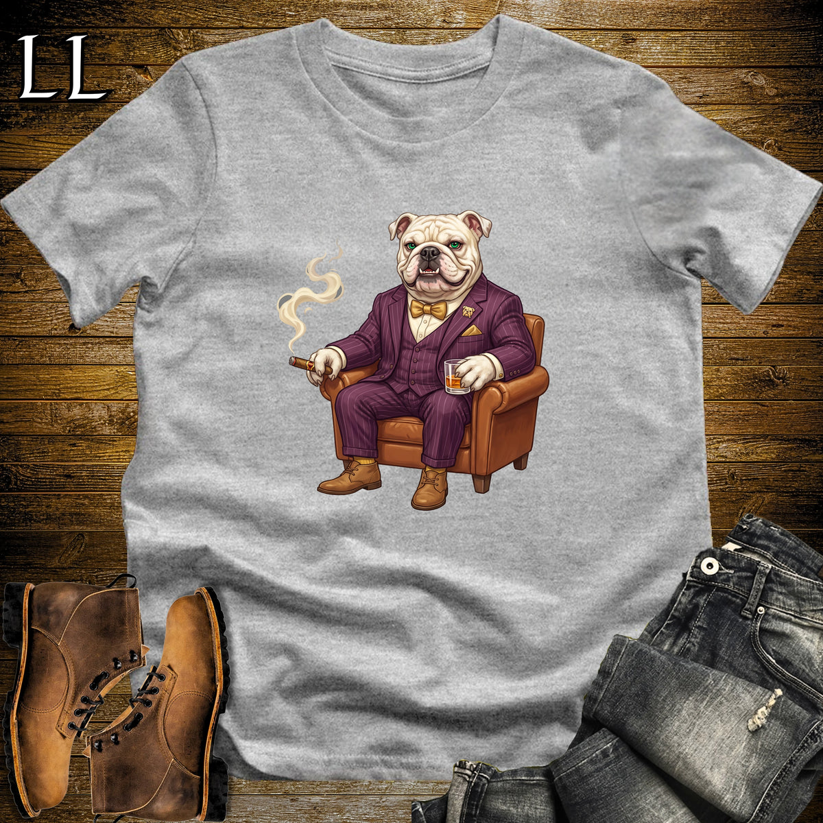 Cigar Lounge English Bulldog T-Shirt Sport Grey | Dog Cigar Gift