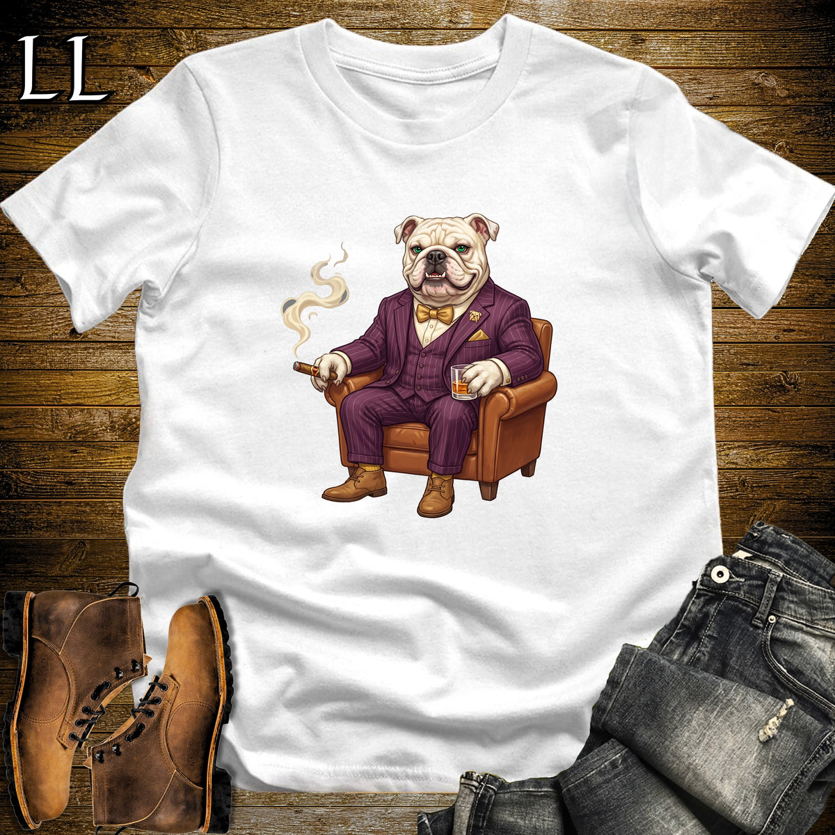 Cigar Lounge English Bulldog T-Shirt White | Dog Cigar Gift
