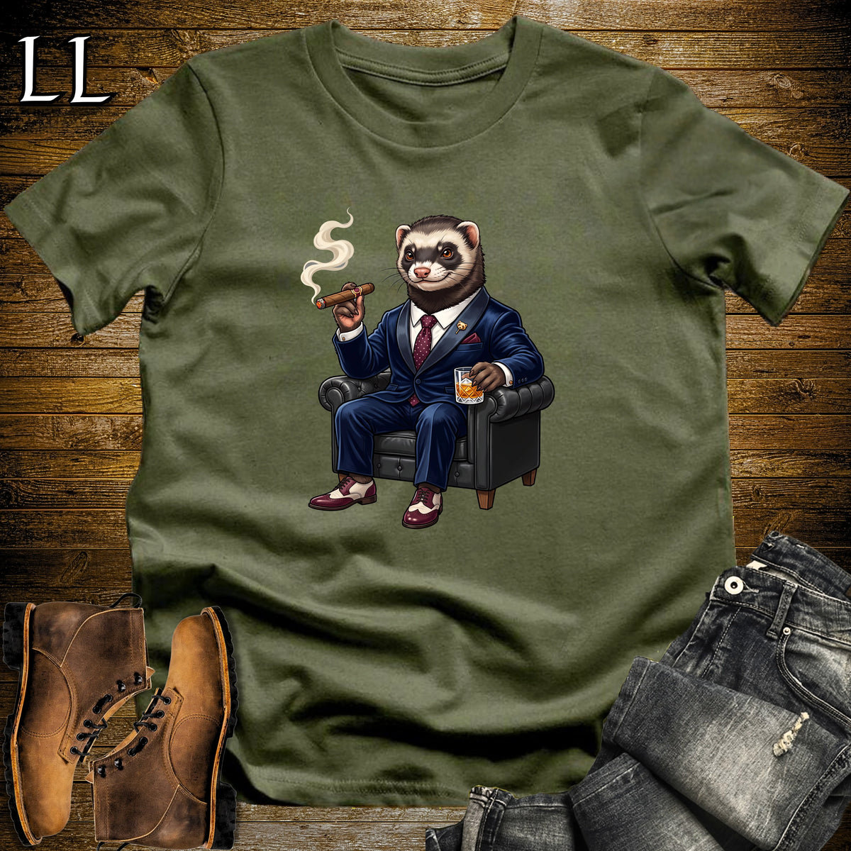 Cigar Lounge Ferret T-Shirt Military Green | Pet Lover Cigar Gift