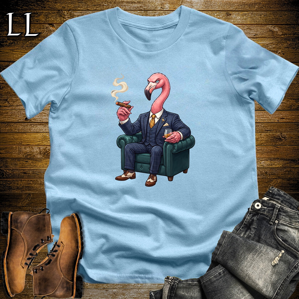 Cigar Lounge Flamingo T-Shirt Light Blue | Bird Lover Cigar Gift