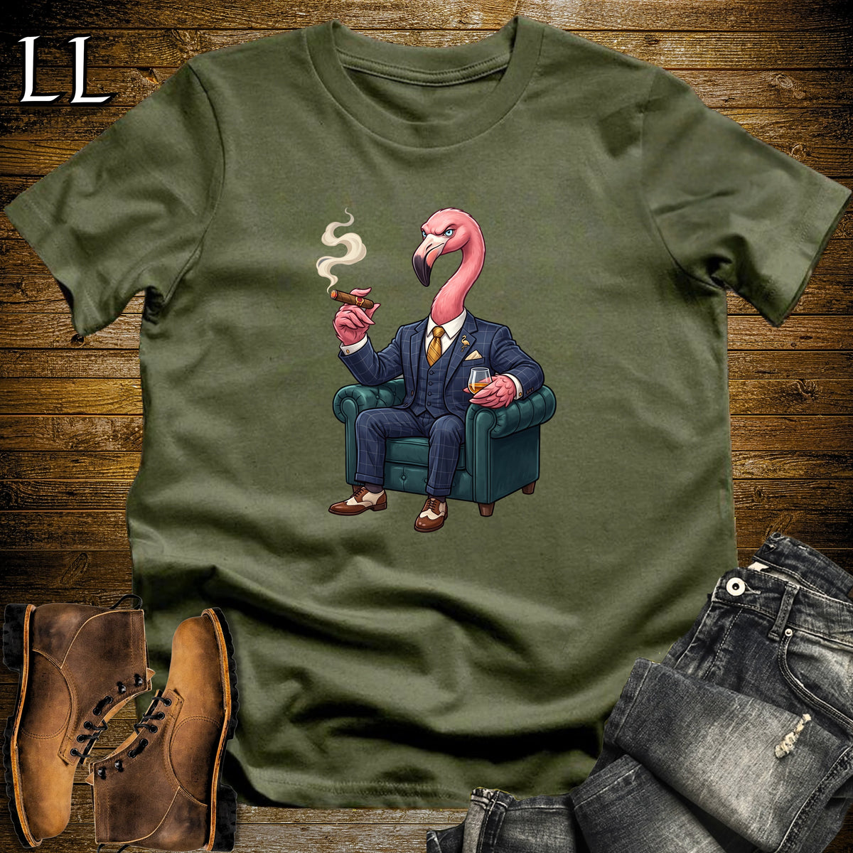 Cigar Lounge Flamingo T-Shirt Military Green | Bird Lover Cigar Gift