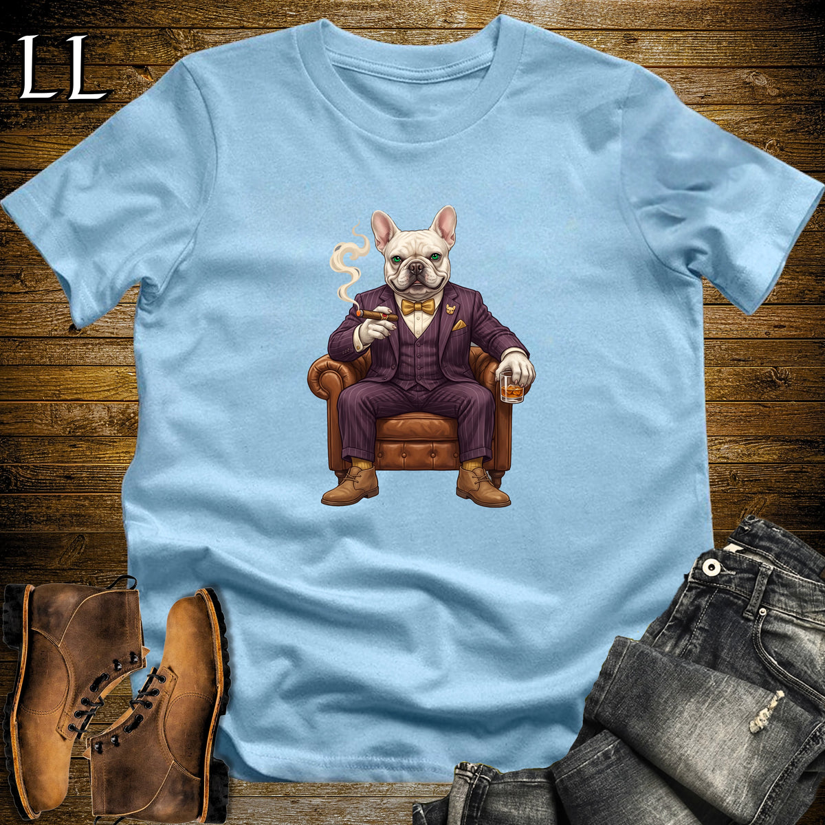 Cigar Lounge French Bulldog T-Shirt Light Blue | Dog Cigar Gift