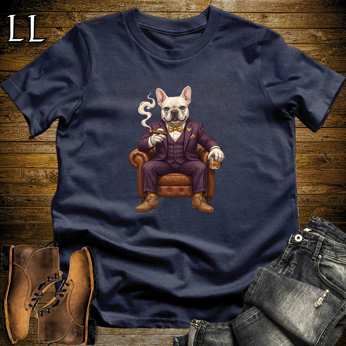 Cigar Lounge French Bulldog T-Shirt Navy | Dog Cigar Gift
