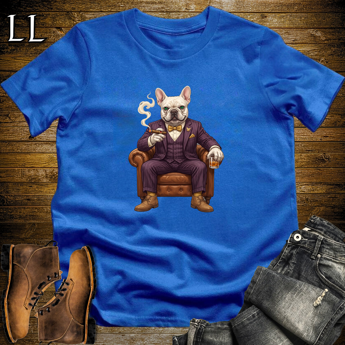 Cigar Lounge French Bulldog T-Shirt Royal Blue | Dog Cigar Gift