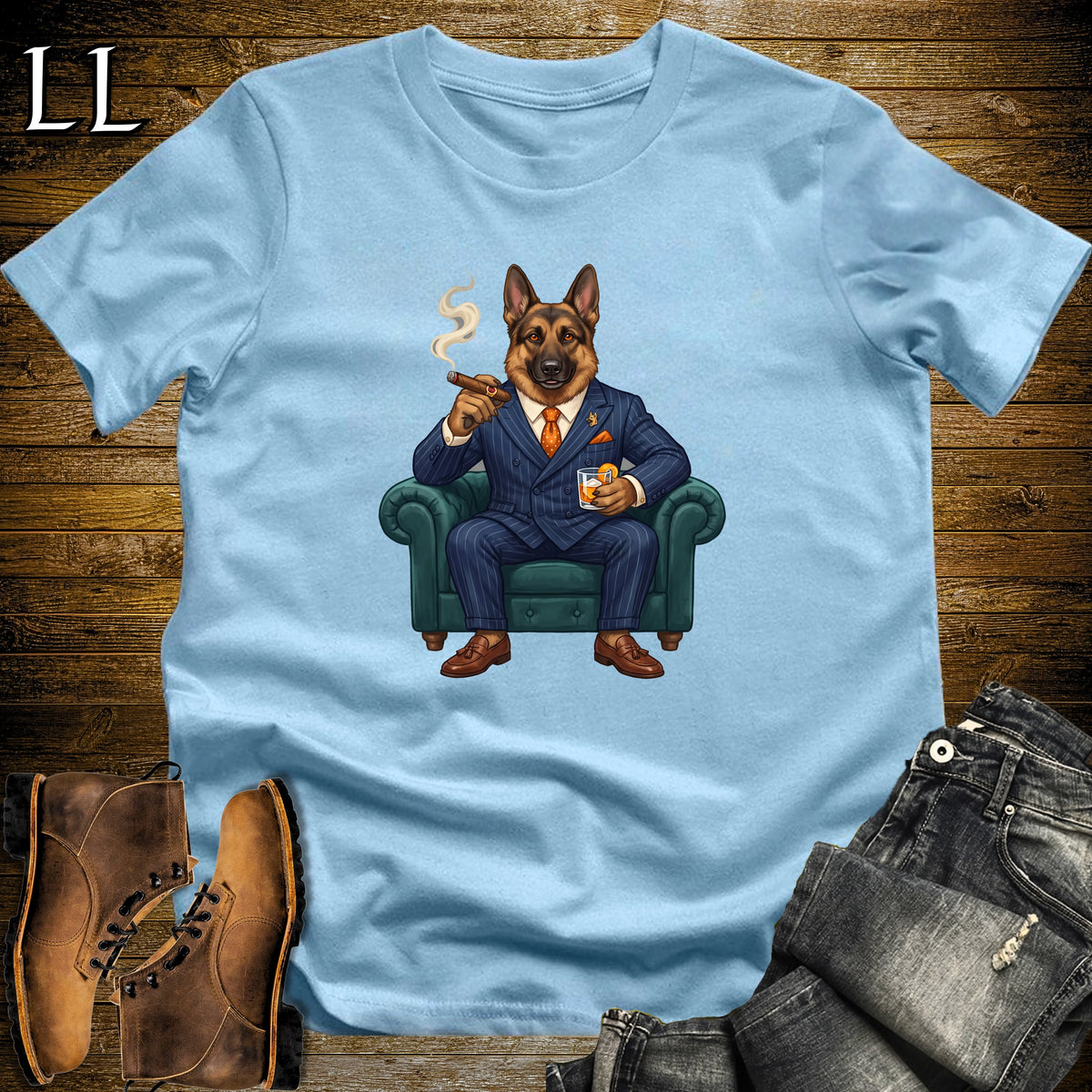 Cigar Lounge German Shepherd T-Shirt Light Blue | Dog Cigar Gift