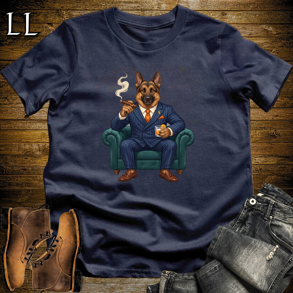 Cigar Lounge German Shepherd T-Shirt Navy | Dog Cigar Gift
