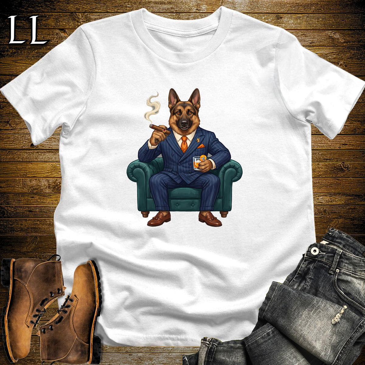 Cigar Lounge German Shepherd T-Shirt White | Dog Cigar Gift