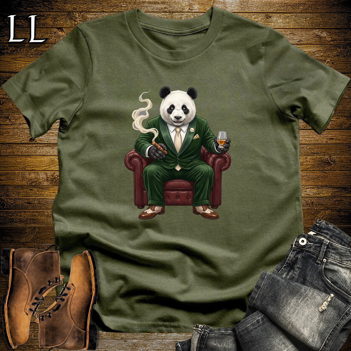 Cigar Lounge Giant Panda T-Shirt Military Green | Animal Cigar Gift