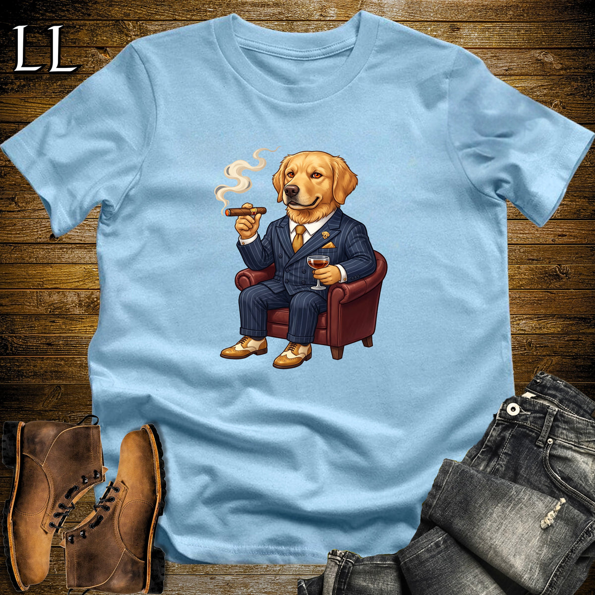 Cigar Lounge Golden Retriever T-Shirt Light Blue | Dog Cigar Gift
