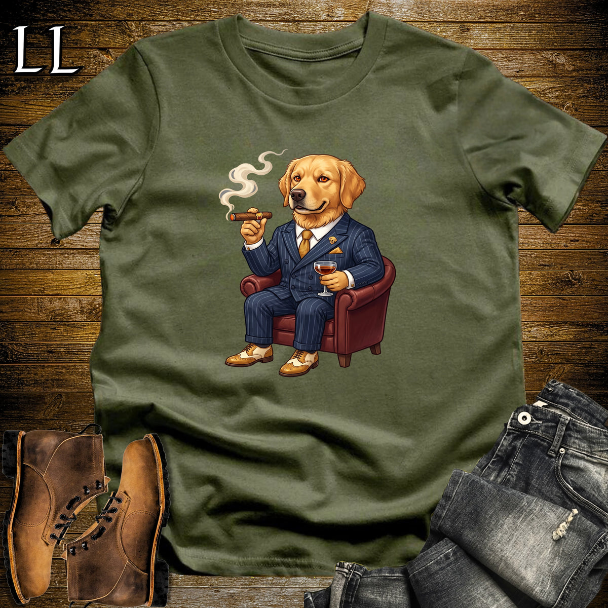 Cigar Lounge Golden Retriever T-Shirt Military Green | Dog Cigar Gift