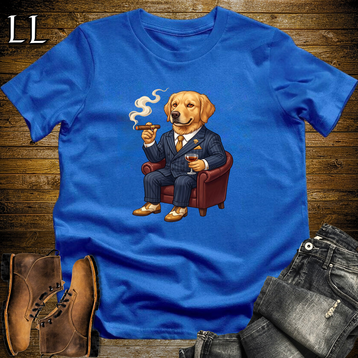 Cigar Lounge Golden Retriever T-Shirt Royal Blue | Dog Cigar Gift