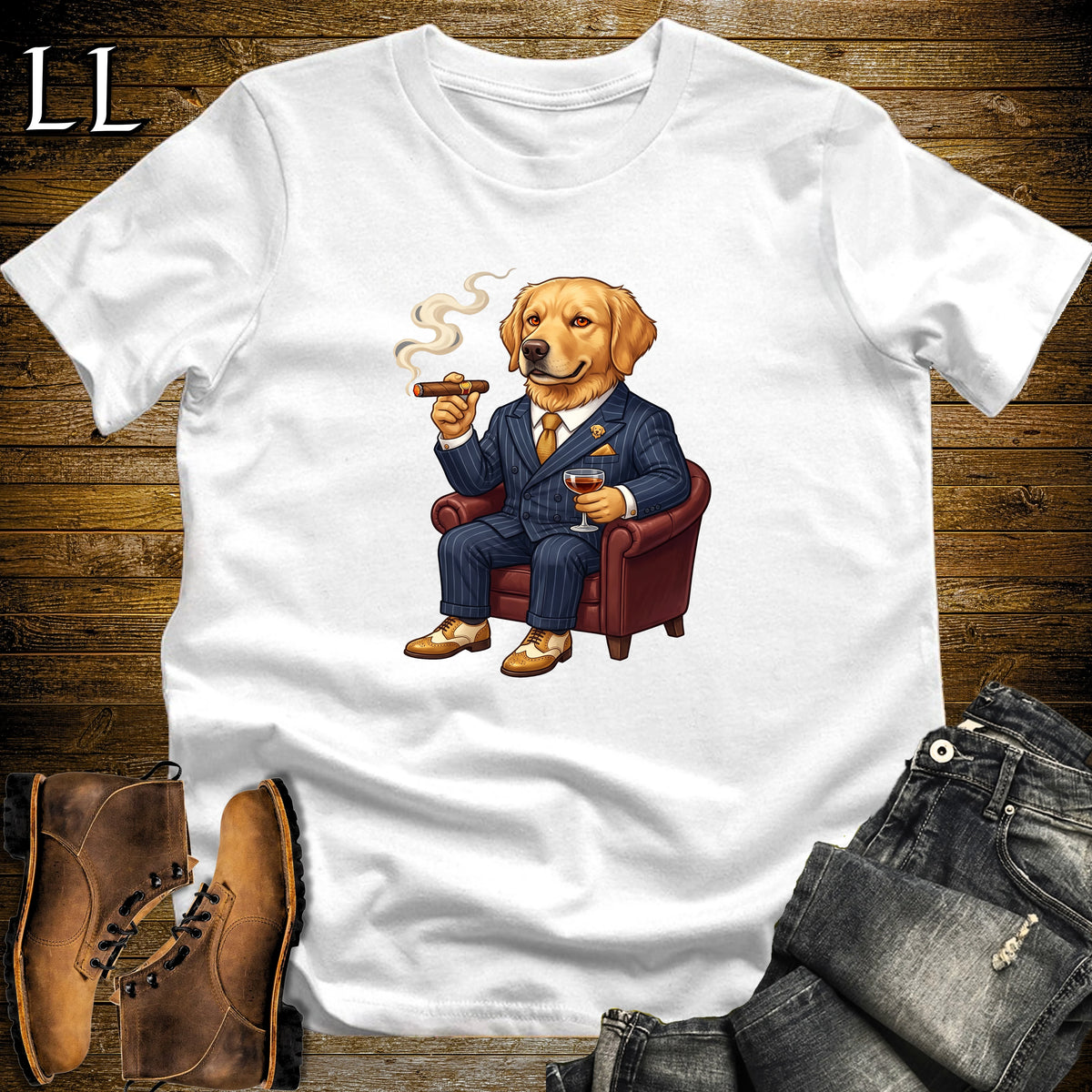Cigar Lounge Golden Retriever T-Shirt White | Dog Cigar Gift