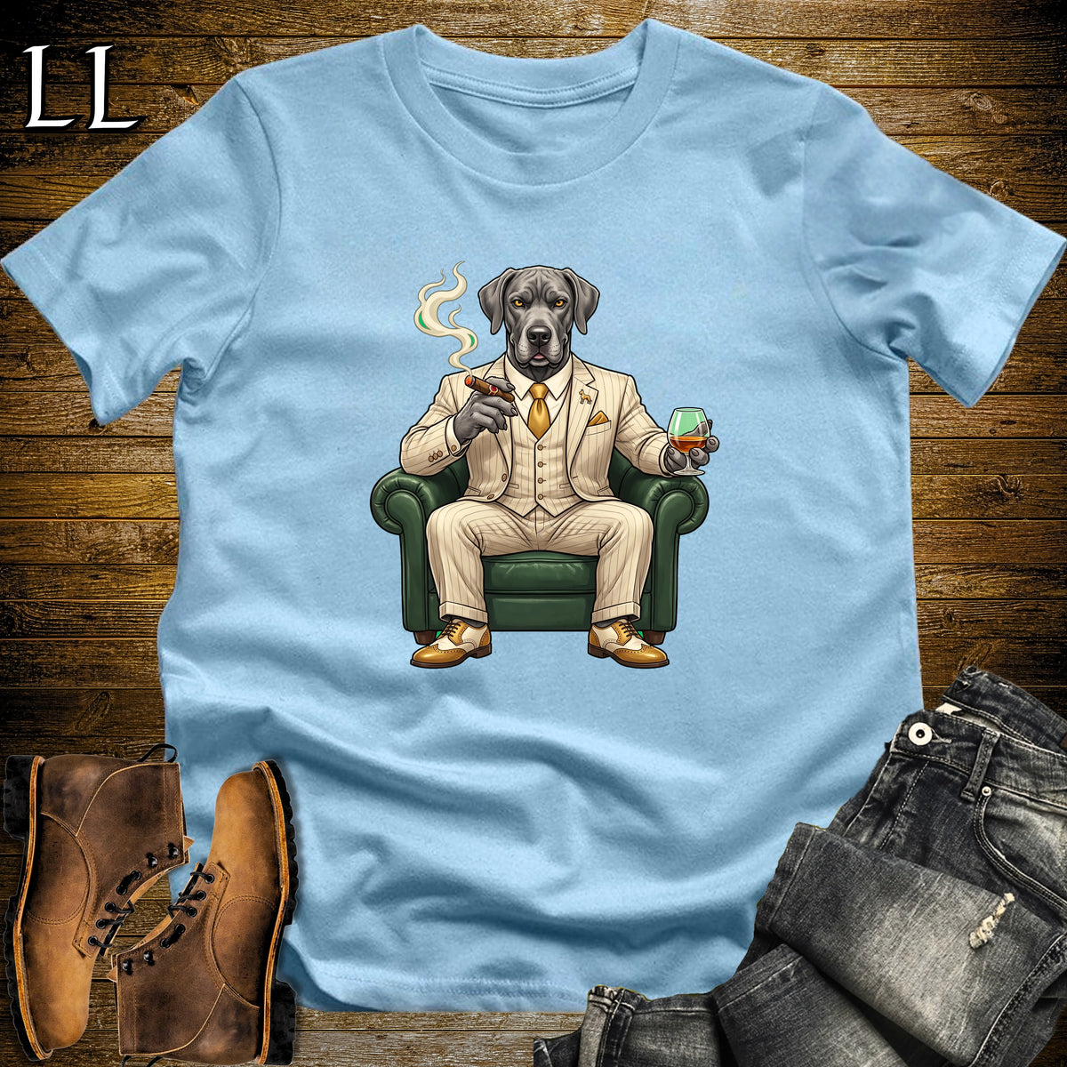 Cigar Lounge Great Dane T-Shirt Light Blue | Dog Lover Cigar Gift