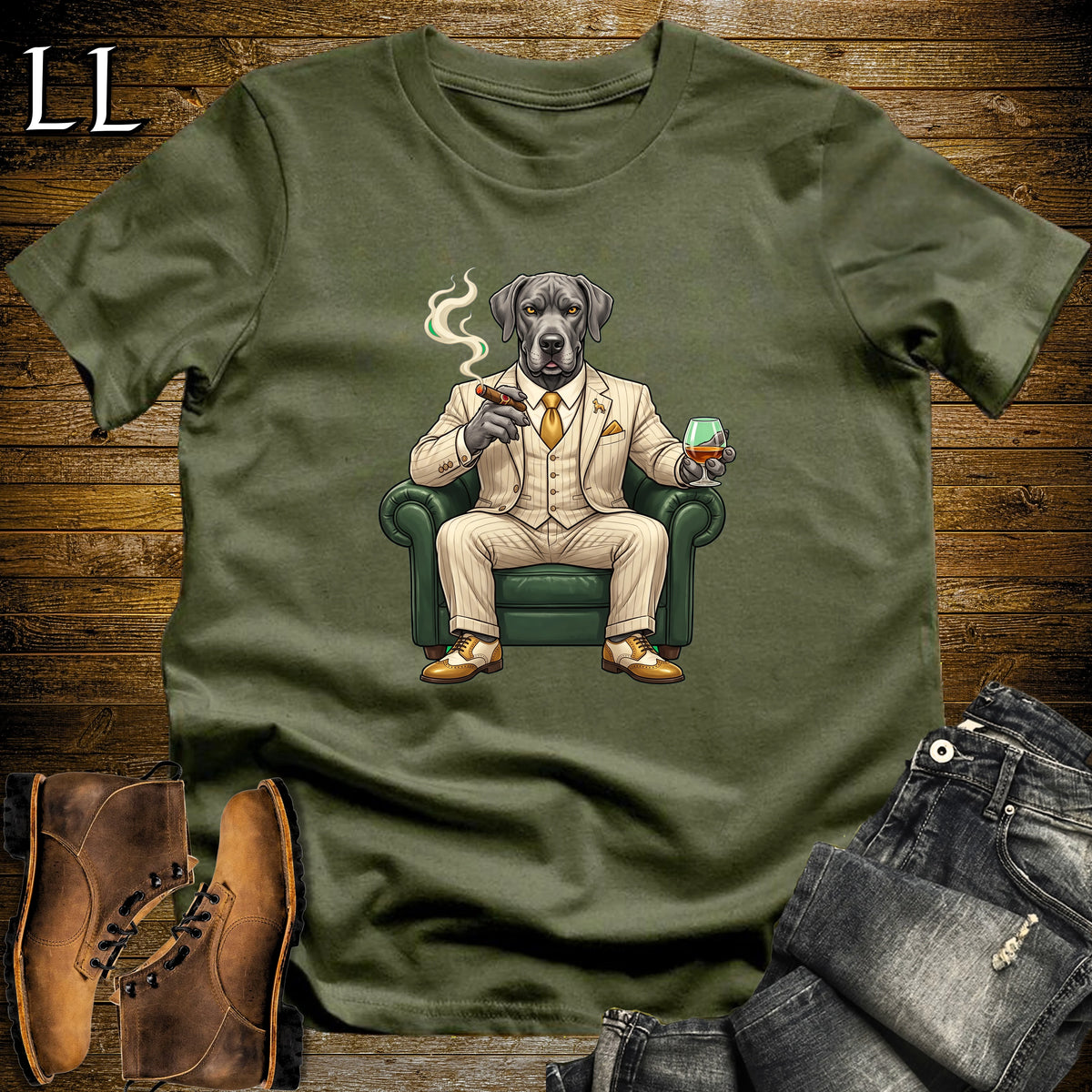 Cigar Lounge Great Dane T-Shirt Military Green | Dog Lover Cigar Gift