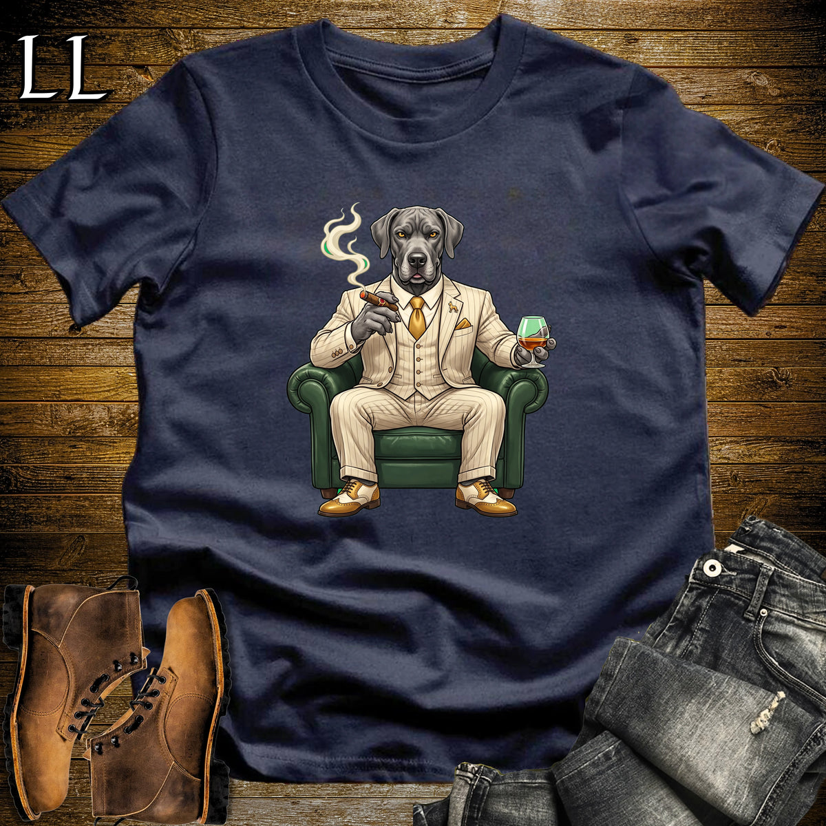 Cigar Lounge Great Dane T-Shirt Navy | Dog Lover Cigar Gift