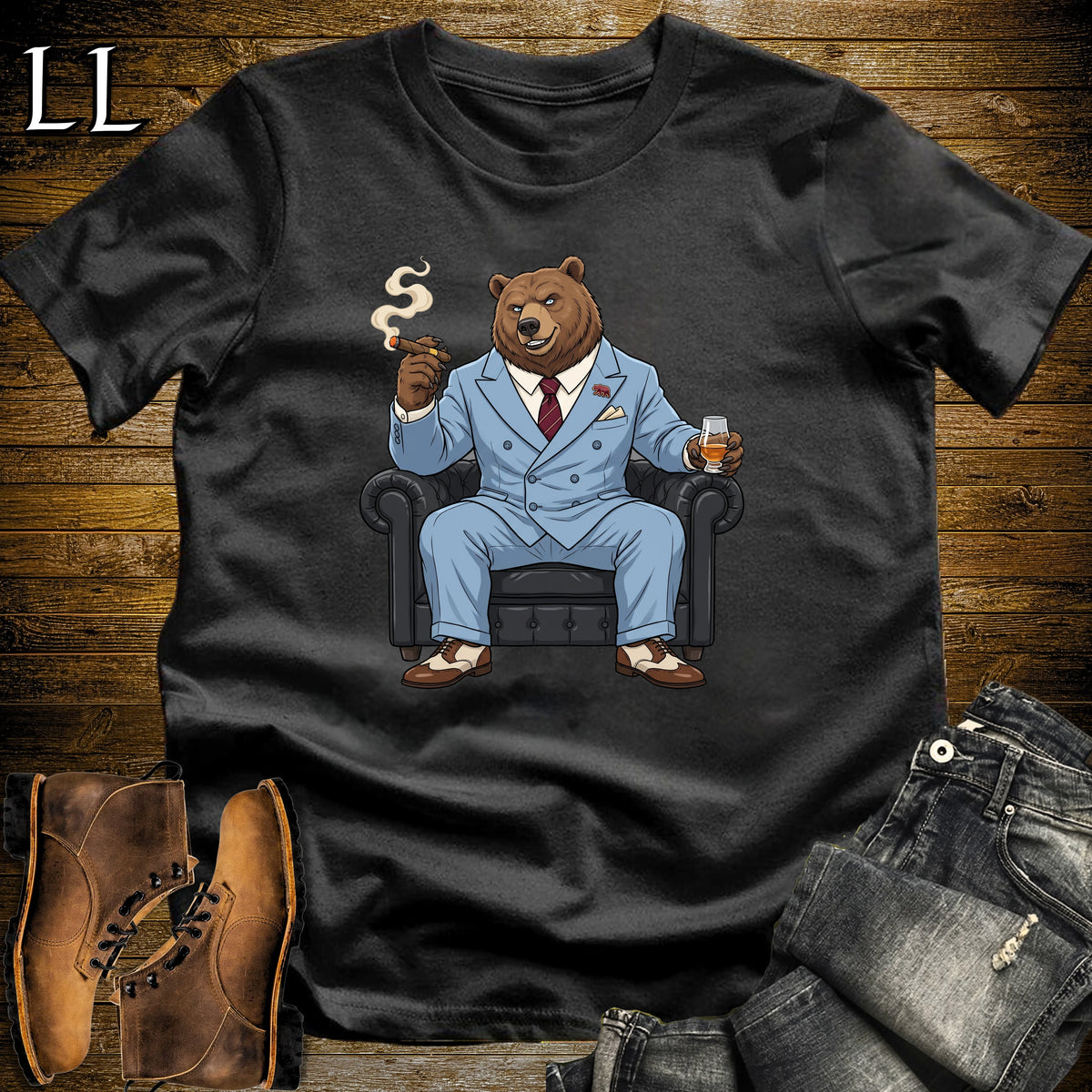 Cigar Lounge Grizzly Bear T-Shirt Black | Animal Cigar Gift