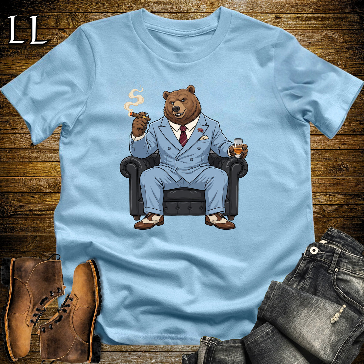 Cigar Lounge Grizzly Bear T-Shirt Light Blue | Animal Cigar Gift