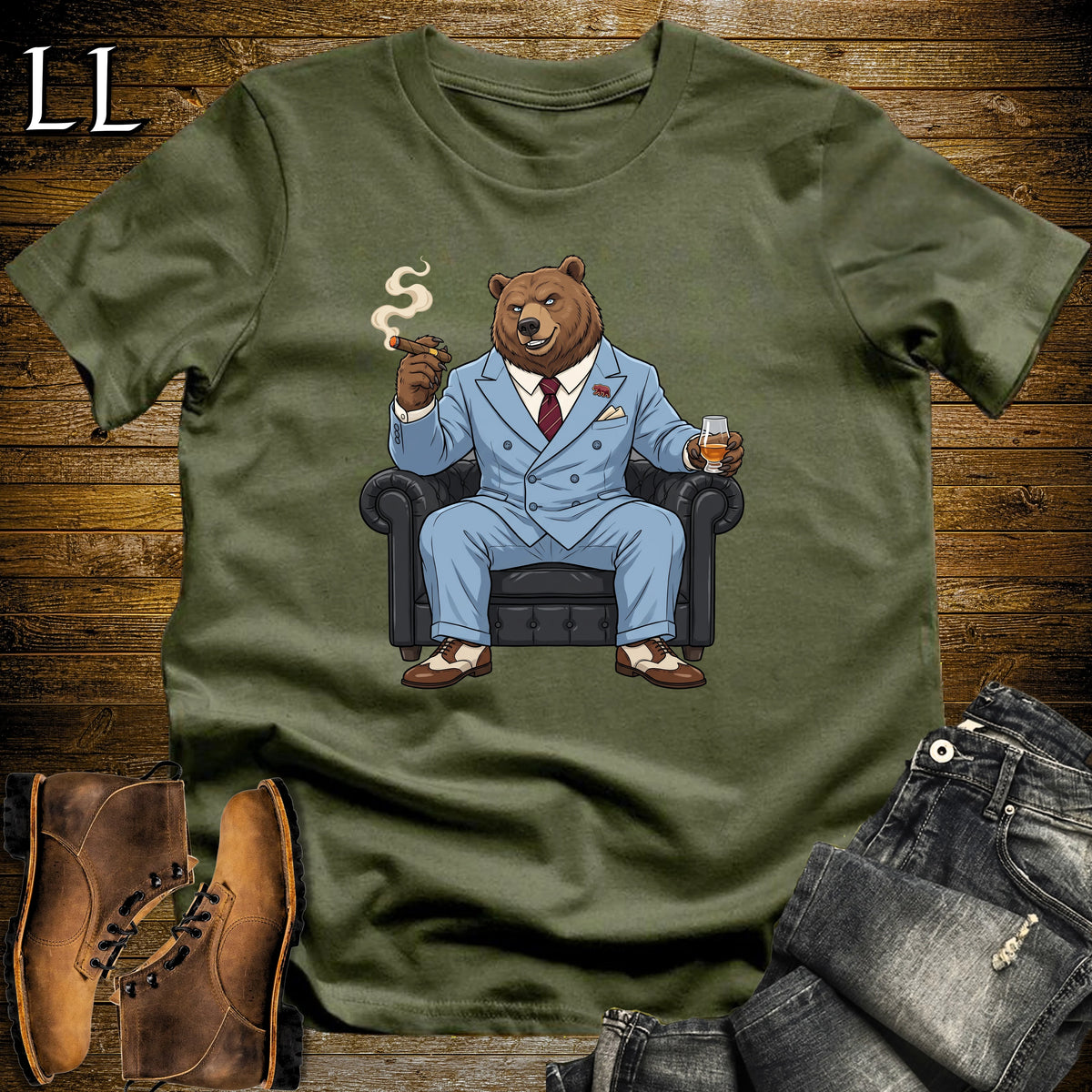Cigar Lounge Grizzly Bear T-Shirt Military Green | Animal Cigar Gift