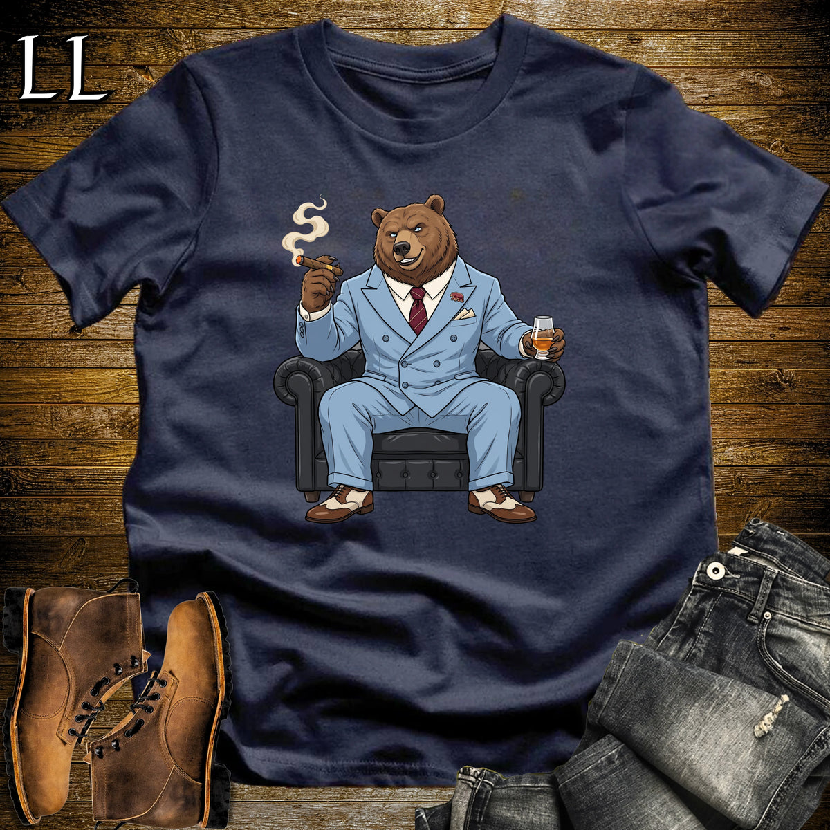 Cigar Lounge Grizzly Bear T-Shirt Navy | Animal Cigar Gift