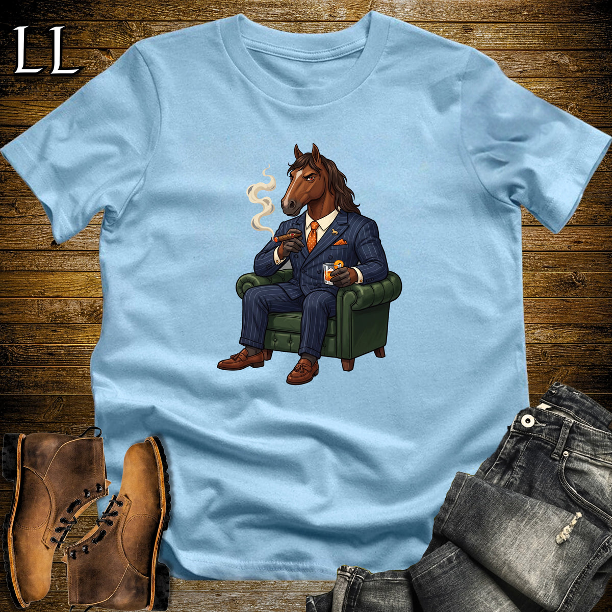 Cigar Lounge Horse T-Shirt Light Blue | Horse Lover Cigar Gift
