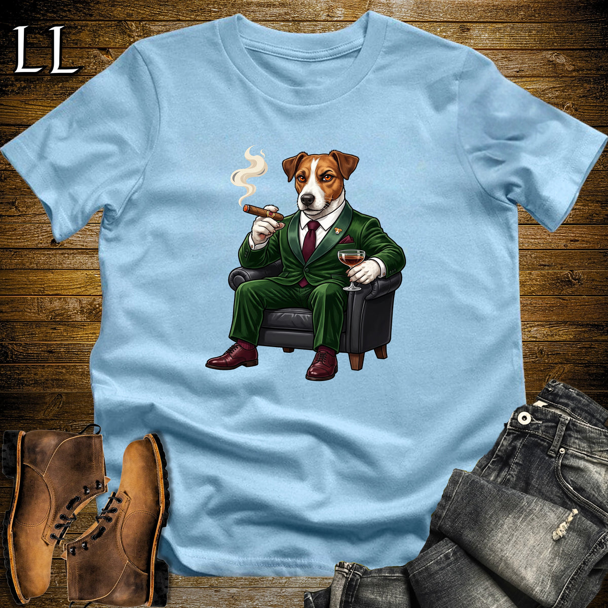 Cigar Lounge Jack Russell Terrier T-Shirt Light Blue | Dog Cigar Gift