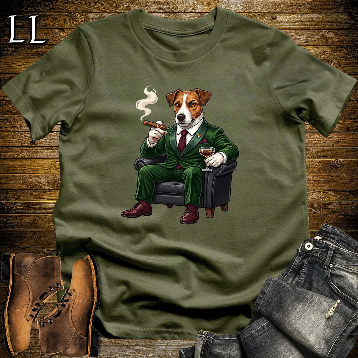 Cigar Lounge Jack Russell Terrier T-Shirt Military Green | Dog Cigar Gift