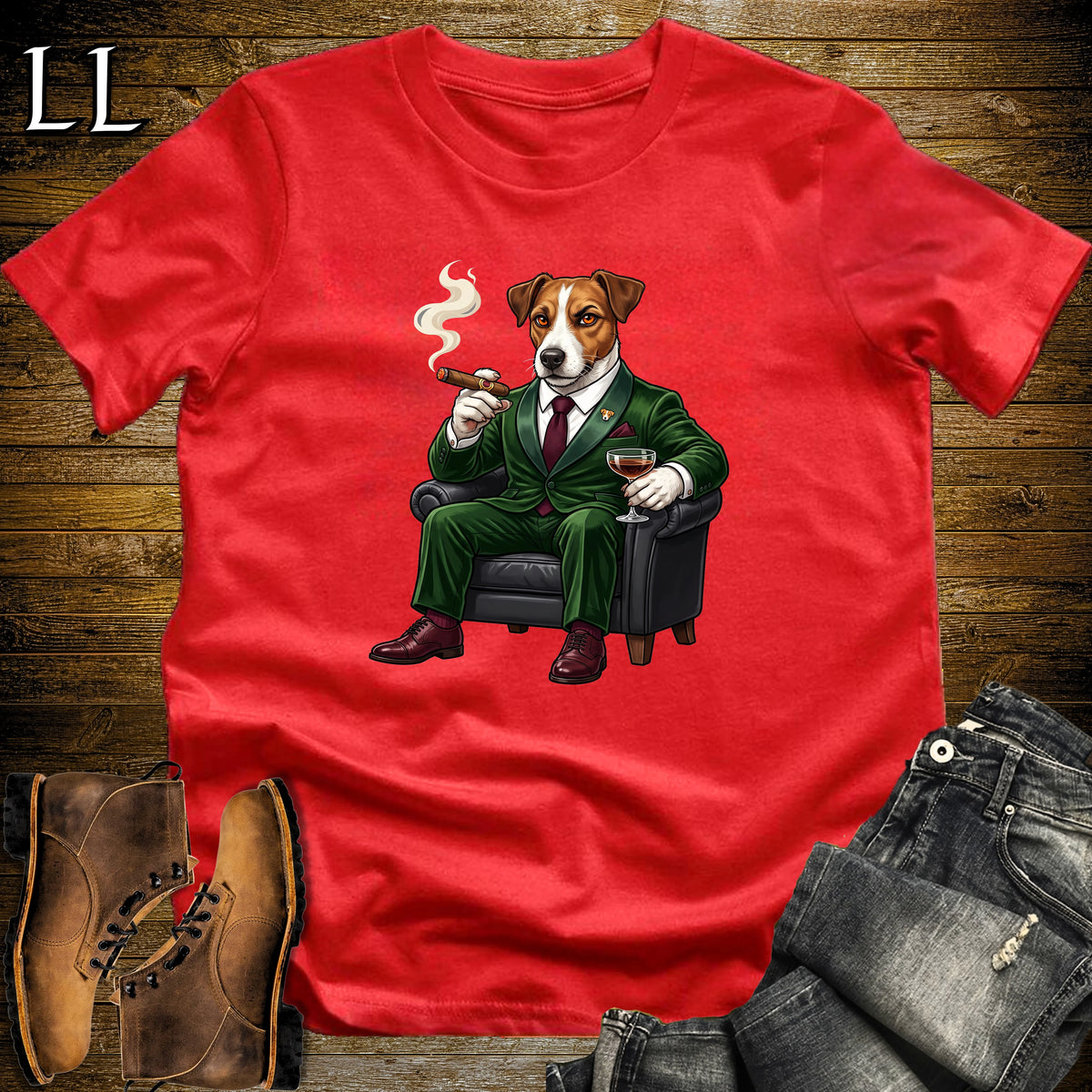 Cigar Lounge Jack Russell Terrier T-Shirt Red | Dog Cigar Gift