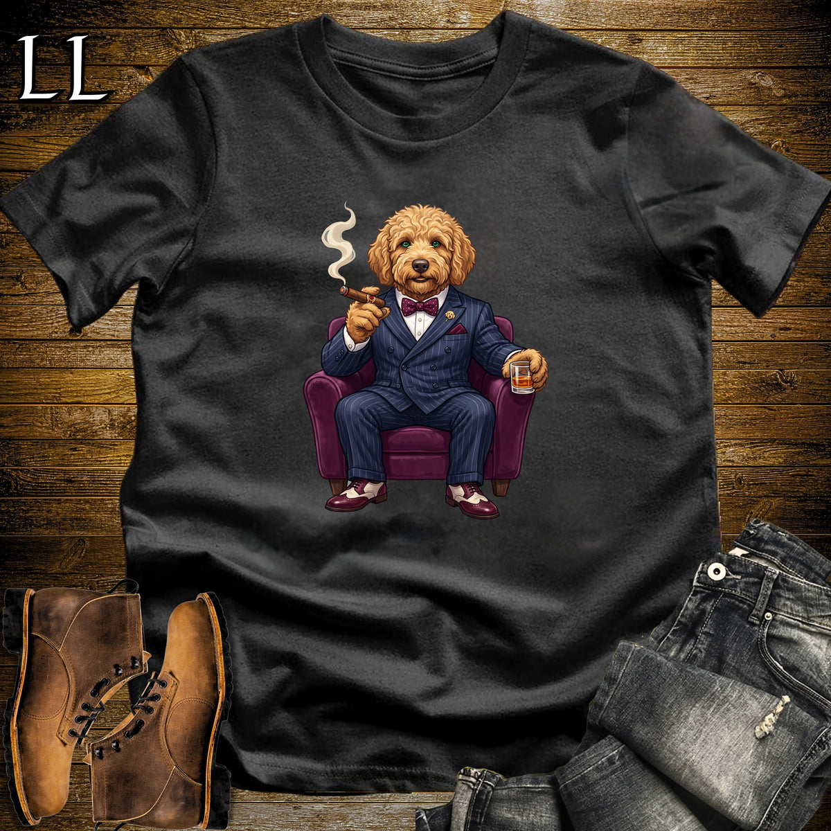 Cigar Lounge Labradoodle T-Shirt Black | Dog Lover Cigar Gift