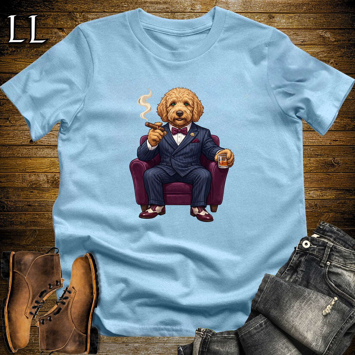 Cigar Lounge Labradoodle T-Shirt Light Blue | Dog Lover Cigar Gift