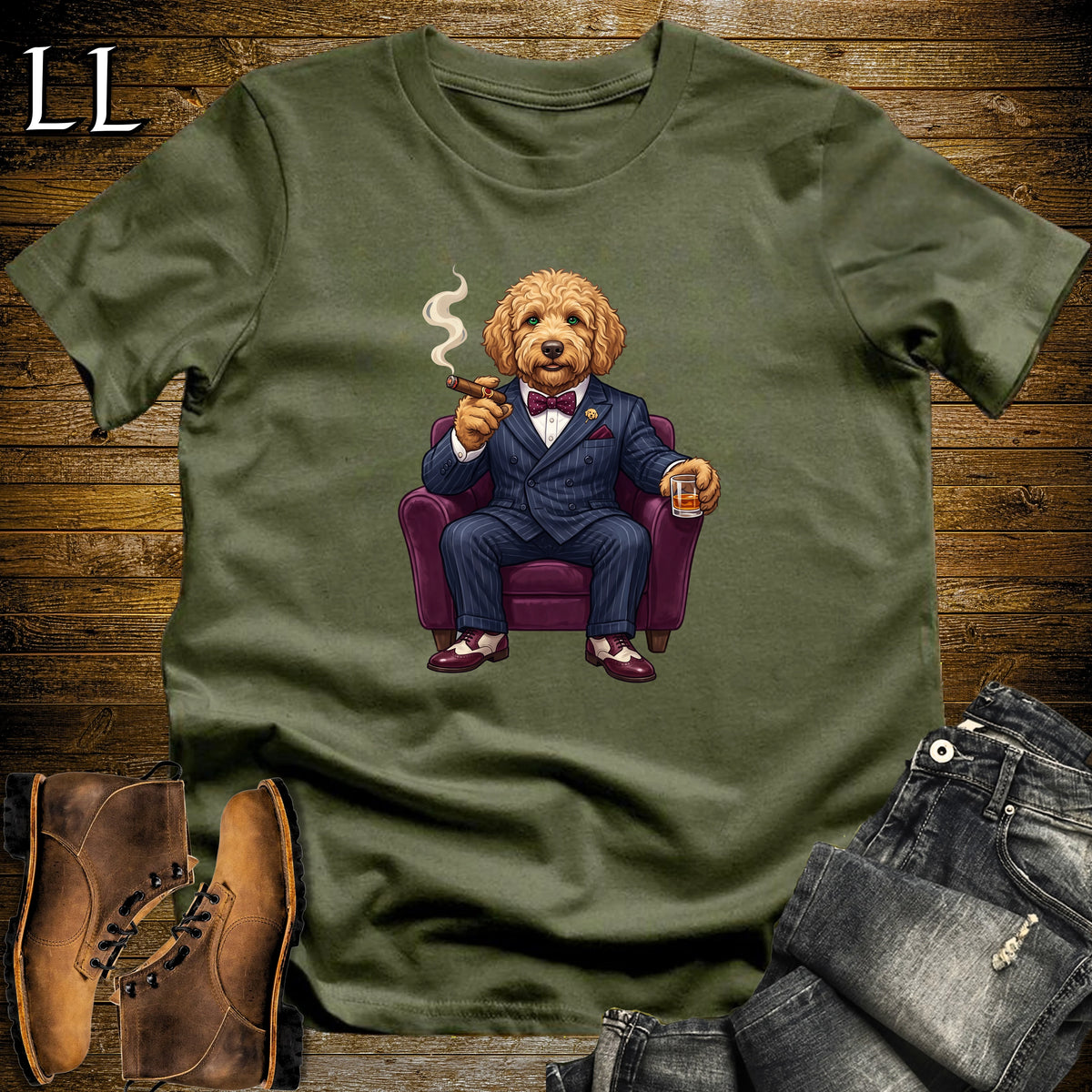 Cigar Lounge Labradoodle T-Shirt Military Green | Dog Lover Cigar Gift