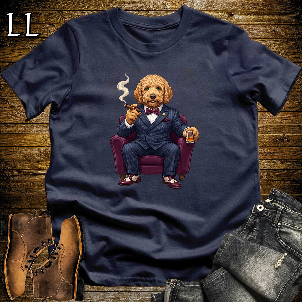 Cigar Lounge Labradoodle T-Shirt Navy | Dog Lover Cigar Gift