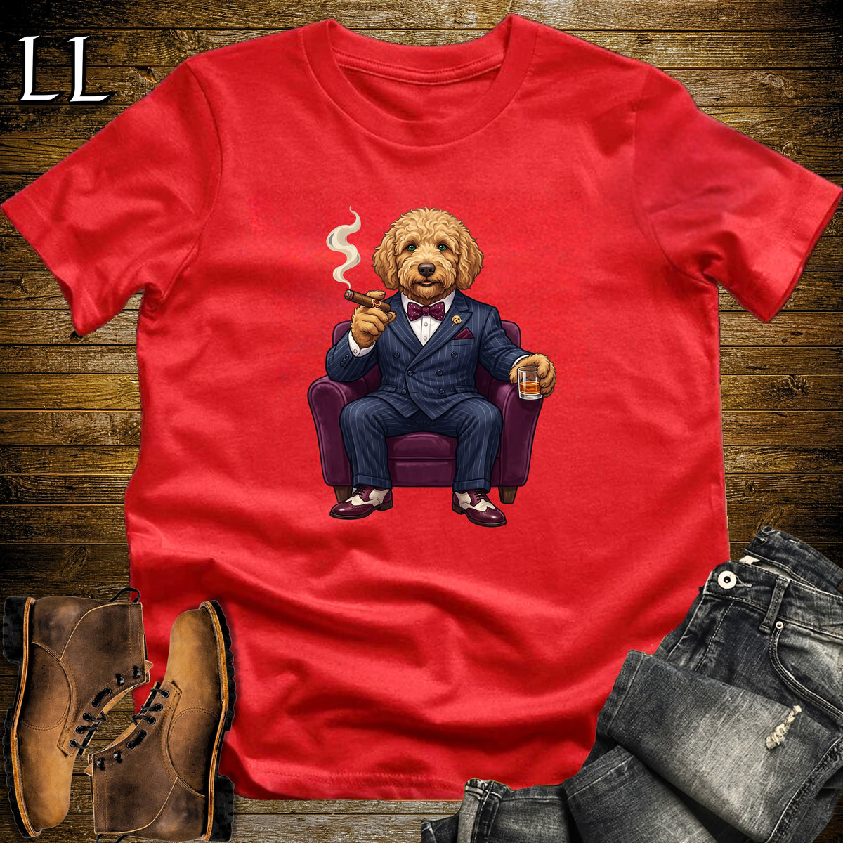 Cigar Lounge Labradoodle T-Shirt Red | Dog Lover Cigar Gift