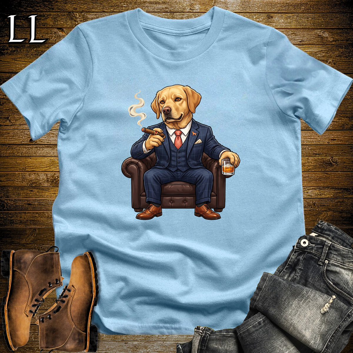 Cigar Lounge Labrador Retriever T-Shirt Light Blue | Dog Cigar Gift