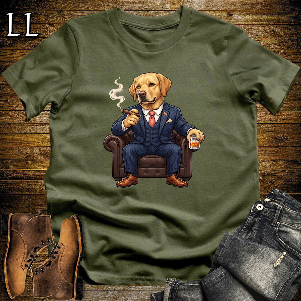 Cigar Lounge Labrador Retriever T-Shirt Military Green | Dog Cigar Gift
